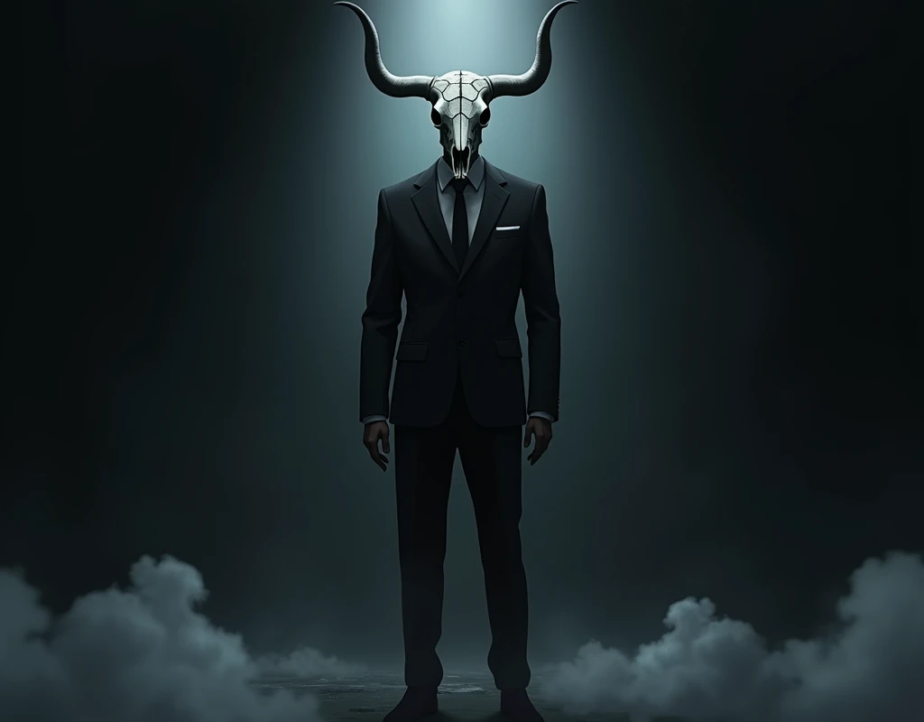 (anime:1.2), A man in a suit with a slightly cracked bull skull instead of a head in a very dark environment., with a very dim light behind him.