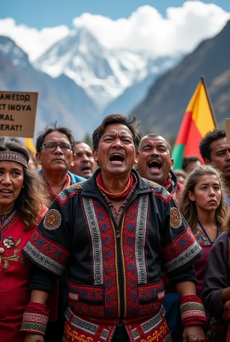 Himalayan people in traditional dress  protesting with angerness with many childrens 
