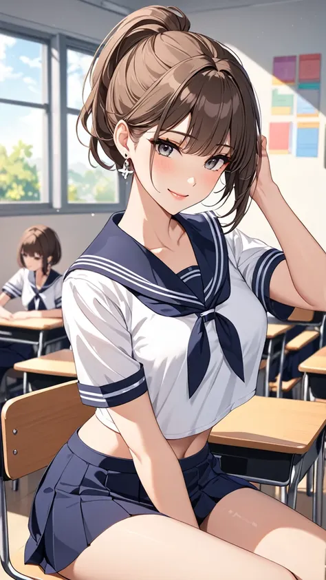 highest quality　masterpiece　high resolution　masterpiece　brown bob　　grey eyes, high pony tail cut, wearing sailor uniform, seduct...