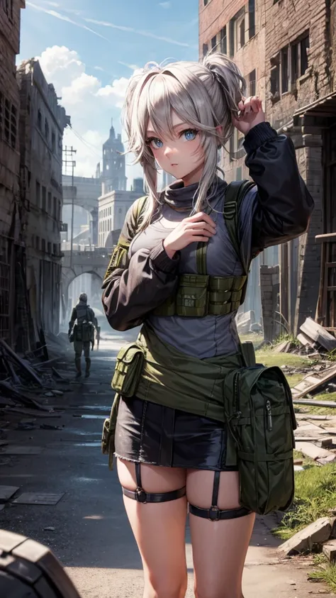 In the ruined city，Handheld Barrett，wearing a grenade pouch，