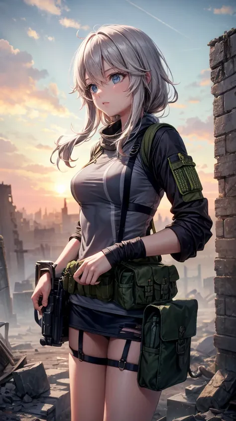 In the ruined city，Handheld Barrett，wearing a grenade pouch，