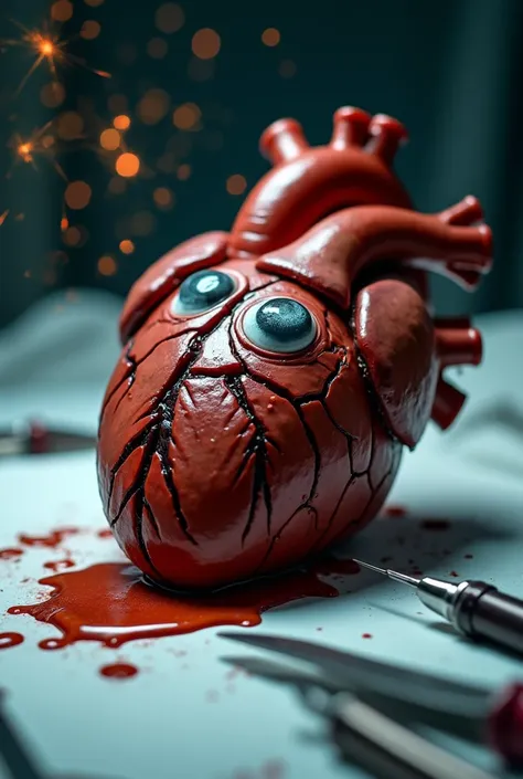 ""An image depicting a damaged heart with a sad and fearful expression, showing visible injuries like bruises and cracks. The heart, facing the viewer, is lying on a surface surrounded by surgical tools, including needles and scalpels. Cholesterol liquid i...