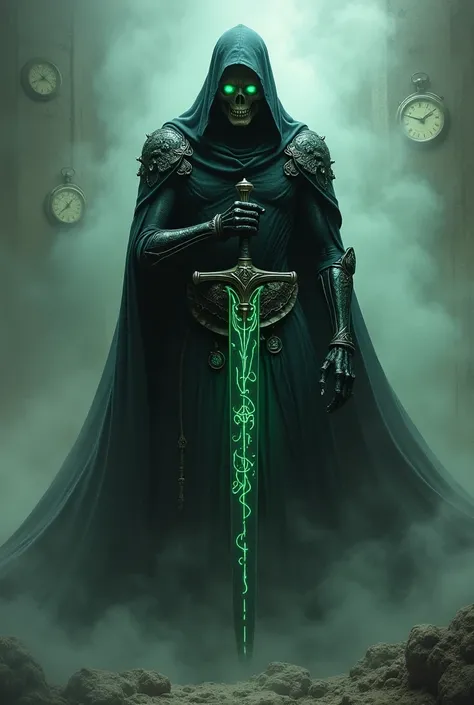 Generate an image of an undead specter that wields a sword and has time manipulation powers, wearing black armor with a hood and has glowing green eyes