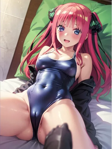 best quality, insanely detailed, nino nakano, breasts, blush, bedroom background, looking at viewer, cheerful eyes, masturbation, pussy, nsfw,arousal, one-piece swimsuit