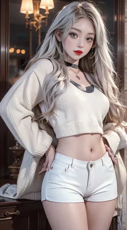 Urban Beautiful Girl College Student，tmasterpiece，Light makeup，Redlip，Silvery hair，Messy long hair，streets background，gracefulness，Elegance。ultra fine detailed，Works of masters，Authentic texture，Cinematic lighting realism，perfect works，8K，k hd，Delicate fac...