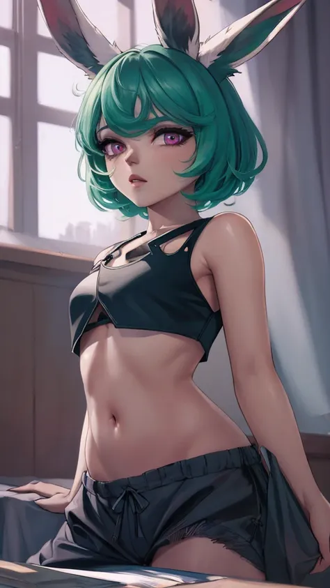 masterpiece,(best quality,top quality,8k),illustration,painting,detailed eyes and face,(1girl),vex,(green hair,short hair),(crop...