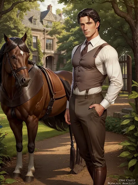 Book cover art, a handsome dark haired muscular man, brown pants, suspenders, trees, grey english mansion and stables background, text "Lady Chaterleys lover", 1900 era