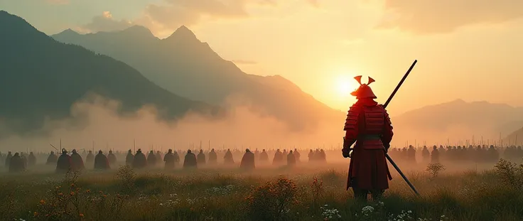 1 red samurai against an army of samurais, samurai in battle stance, cinematic, back shot, 8k, chaotic, grassland, mountain, sunrise, fog of war