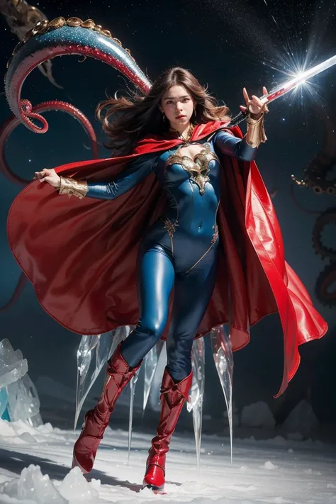 Highest quality, masterpiece, Realistic, High resolution, 8K RAW Photos, 1 person、Long Hair、goddess、Has a decorated sword、Raise your sword、((Glamour body:1.3))、(Blue bodysuit with ice motif、Gold Edge、Red Cape)、Silver Pendant、Silver earrings、(((Action pose)...