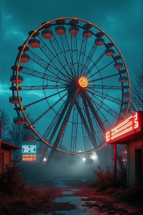 an abandoned amusement park at night, with a rusty Ferris wheel and flashing lights, cyberpunkstyle 