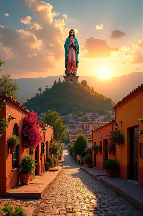 Town with hills and mountain with Virgin of Guadalupe 