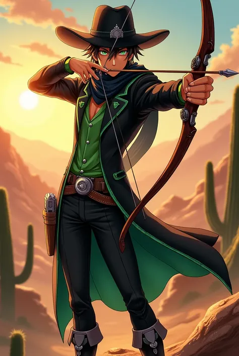 A male anime character with tanned skin and piercing green eyes., holding an elegant bow crafted from dark wood with magic illuminating its string, while sporting an outfit in the style of the Wild West. He wears a wide-brimmed hat that shades his face,, a...