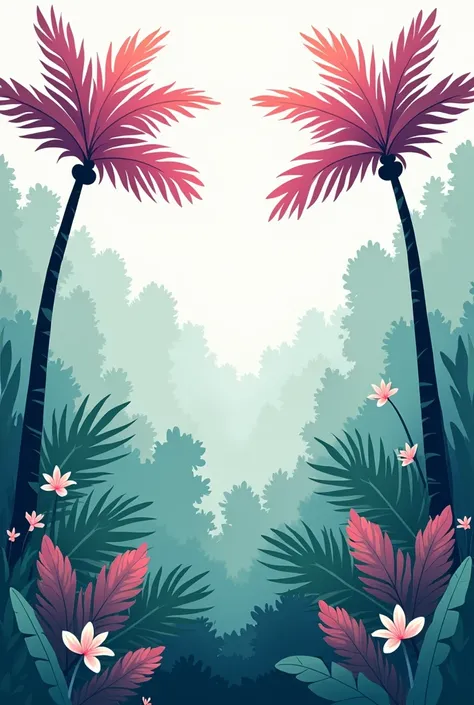 Minimalist illustration of a forest with exotic leaves , pink and purple palms and flowers 