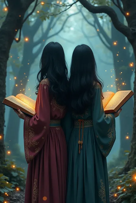 Make me two friends with their backs to me, each one reading a book, Let the books be seen, one with shoulder length wavy hair and the other with long hair, straight hair, Both with black hair and dress them like witches without hats with a Disney, magical...