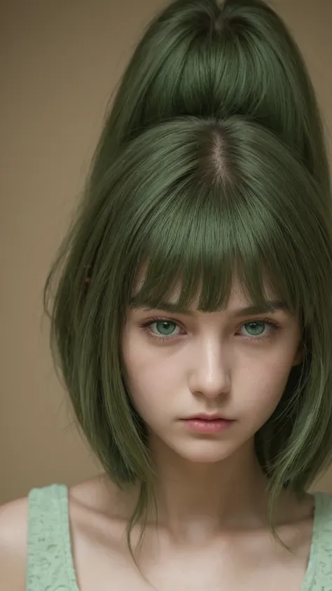 a girl.  Europe.  Extremely detailed face.  Oval face.  delicate facial features.  half-closed eyes.  long straight hair.  messy hair.  bangs.  green hair.  green eyes.  angry.  shy.  straight face