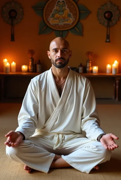 35 year old man, bald and shaved, 80,000 pesos, with a goatee and trimmed beard, serene face, He was wearing a white robe and was sitting in the lotus position at a yoga center., Hes controlling his breathing. Warm interior background, meditative and spiri...