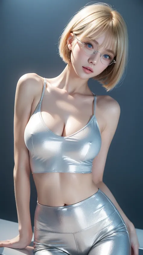 Beautiful and fair、Radiant Skin, 3 Up, OK, bright, Fresh and gentle appearance, Perfect beautiful face、Blonde short hair，Beautiful shiny bangs, Very beautiful , Eyeliner, so perfect and beautiful、Cute big, Clear, Sky blue eyes，Large breasts，through the gro...