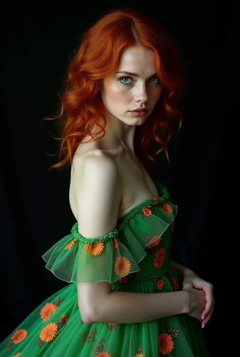 redhead, Pale skin, intense look, women, flowered green dress, black eyes, black pupils, Black background 