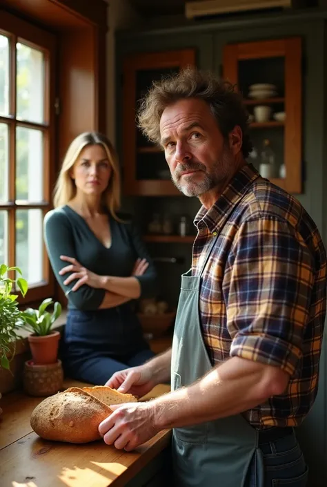 Man cutting bread in half and being frowned upon for doing so