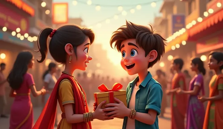 3d cinematic cartoon, a 18 year old boy ,  surprise gift , giving to a girl , festival , rakshabandhan 