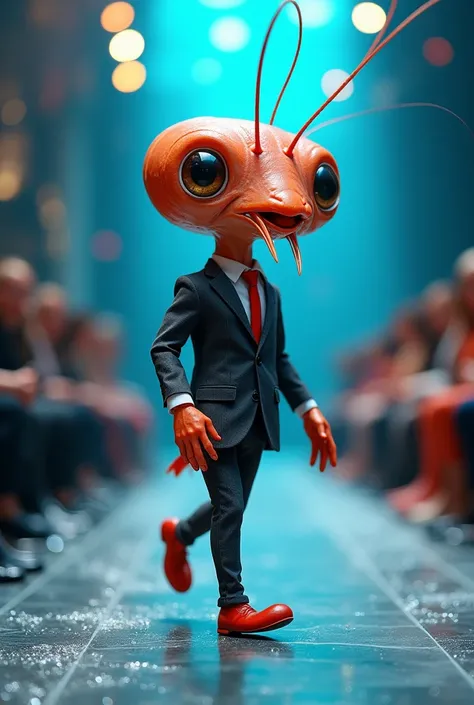 Cute baby Shrimp with funny giant head wearing muscular business suit in realistic full body fashion show