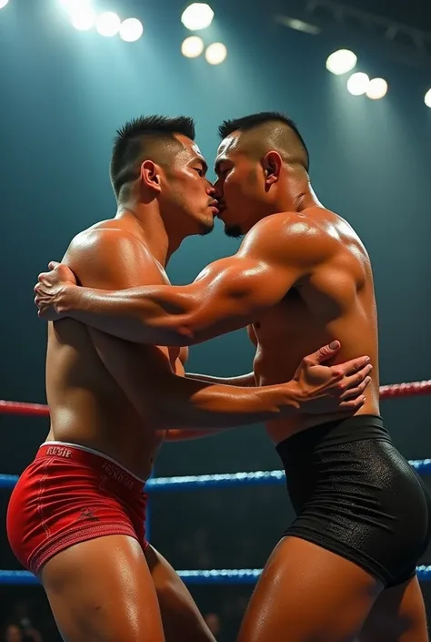 Asian male young pro wrestler A vs Asian male heel wrestler B in a ring fight。A is muscular and A with a buzz cut wearing short tights、Has a distressed expression、Body is drenched in sweat。B is a heel wrestler and muscular、Sweaty body、A with a buzz cut wea...