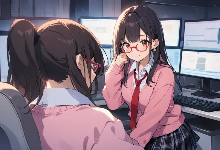 1girl, brown eyes are shining and cute, black hair, long hair, tareme, (red-rimless eyewear:1.2), star earrings, medium breasts, smile, blushful,

BREAK
 (collared white shirt,  pink cardigan, checked pleated skirt, red necktie), sleeves past wrists, (blac...