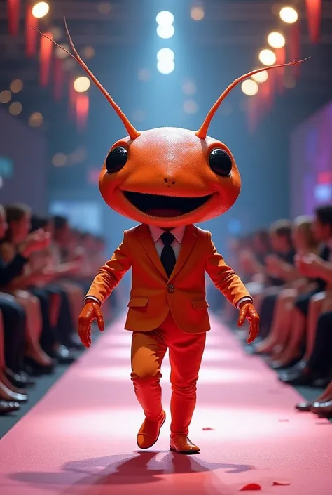 Cute baby Shrimp with funny giant head wearing muscular business suit in realistic full body fashion show