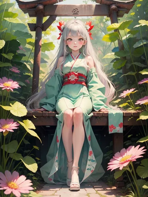 High definition、anime、A pure girl dressed in a shrine maidens outfit、Flowers sprout from beneath your feet、１８age、Halfred with long silver hair、Full body portrait、A long-sleeved miko outfit、Large eyes like opals、Powerful eyes、Kagura Dance