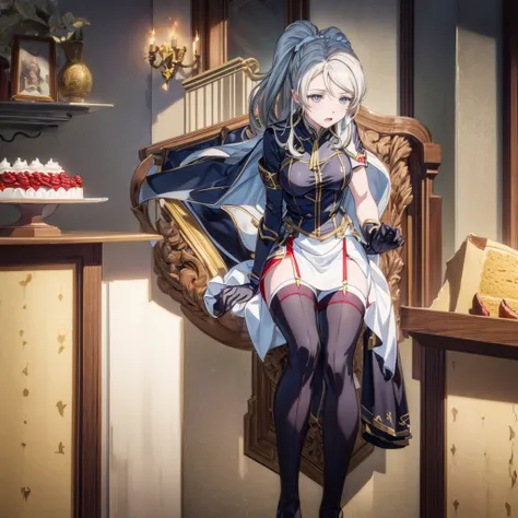 masterpiece, best quality,, gbf date, black gloves, black over-the-knee stockings, cape, drawing, gray hair, trumpet, large brea...