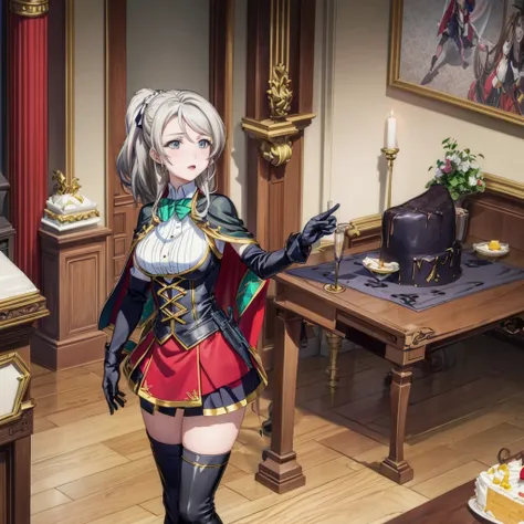 masterpiece, best quality,, gbf date, black gloves, black over-the-knee stockings, cape, drawing, gray hair, trumpet, large brea...