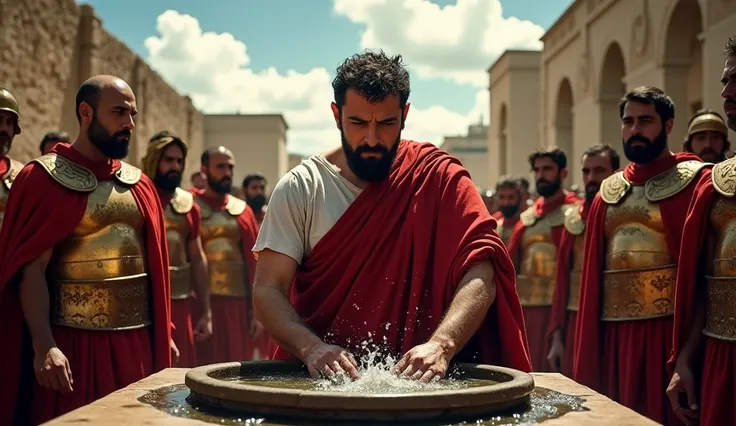 A vivid representation of the condemnation scene, with Pilate washing his hands, surrounded by Roman soldiers. The background shows an ancient city with stone buildings. contrasting colours, emphasizing moral conflict.