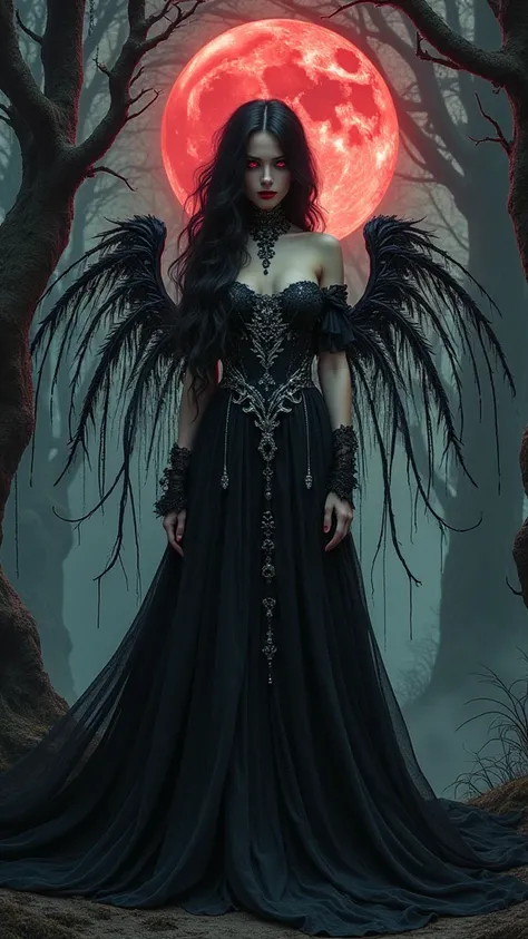 A striking dark fantasy illustration captures the essence of a mesmerizing gothic female figure, circa 30 years, with raven-black hair and captivating crimson eyes. She stands tall in an exquisite Victorian-style gown adorned with intricate lace patterns a...