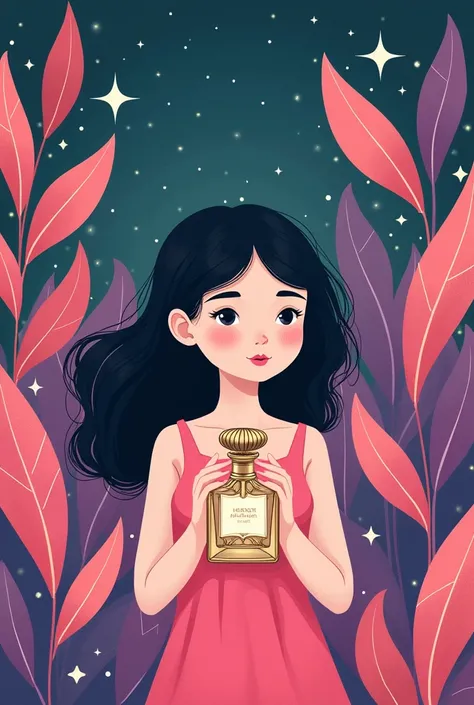 Minimalist illustration of a young girl with long, dark hair, with soft features, a vibrant art style with pink hues, purple and green. The scene is filled with large, colorful leaves in shades of green and pink. It is, the girl holds an elegant perfume bo...