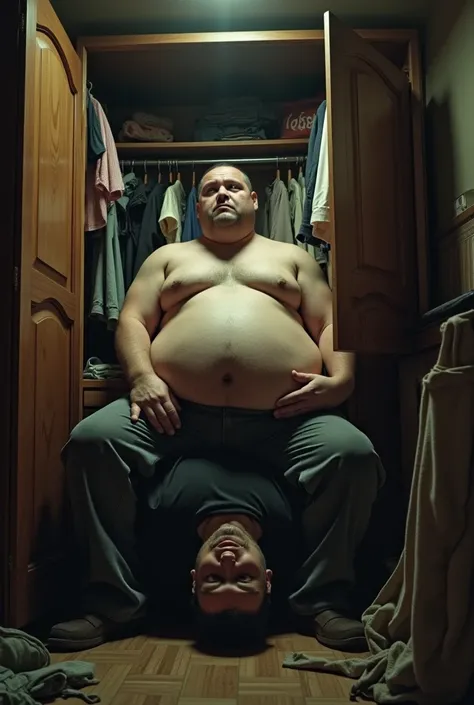 A man crushed by a fat man sitting with his belly exposed in a closet.