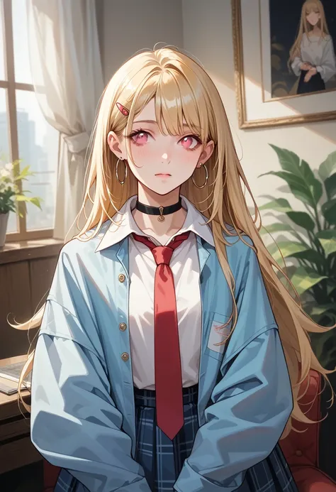 nnkk, pink eyes, blonde hair, long hair, hairclip, hoop earrings, black choker, white shirt, red necktie, loose necktie, blue jacket, plaid skirt,9,score_8_up,score_7_up,masterpiece,best quality,perfect anatomy,very aesthetic,official art,8k,shiny_skin,fai...