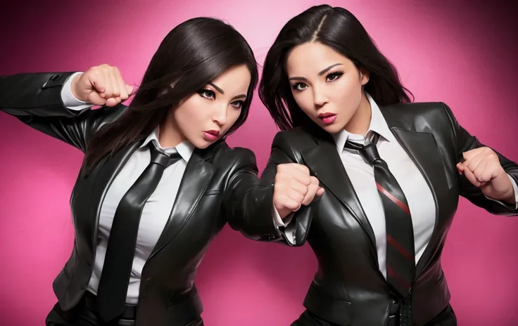 Woman in leather business suit fighting vs another woman in suit and tie outfit (shirt, leather bowtie and leather suspender without blazer) in boxing ring, confident action pose, dramatic powerful pose, powerful stance, in an action pose, dramatic action ...