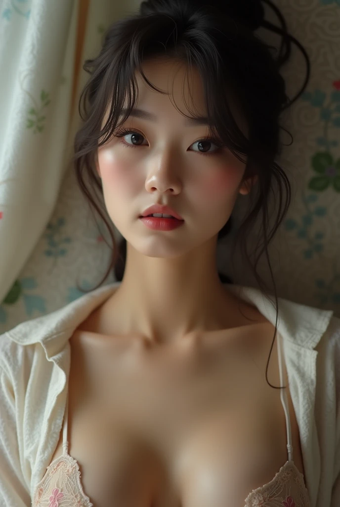 (Realist, photo-Realist:1.4), (masterpiece, Highest quality:1.2), RAW Photos, High resolution, Intricate details, whole body, alone, Japanese women, Wearing lingerie, Big Breasts,, Makes your face smaller, (Detailed face, Beautiful attention to detail, Ref...