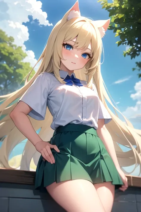 Anime girl with long straight blond hair. White cat ears. Blue eyes. In short green skirt, white shirt without sleeves. With white cat tail