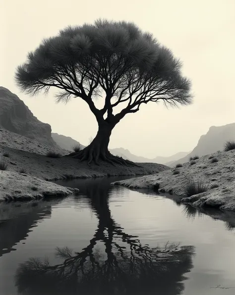 Surreal oasis: in the middle of the desert, Create an oasis with a lake of black ink and trees that grow upside down.