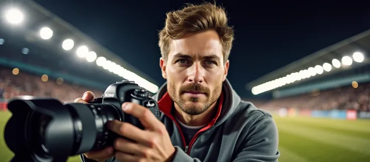 Profile portrait of a man in photography mode, fair complexion, hair styled upwards, holding black DSLR camera with extended lens, ready to capture a moment. He wears gray jacket with red collar, amidst blurred outdoor setting with hint of stadium lights a...