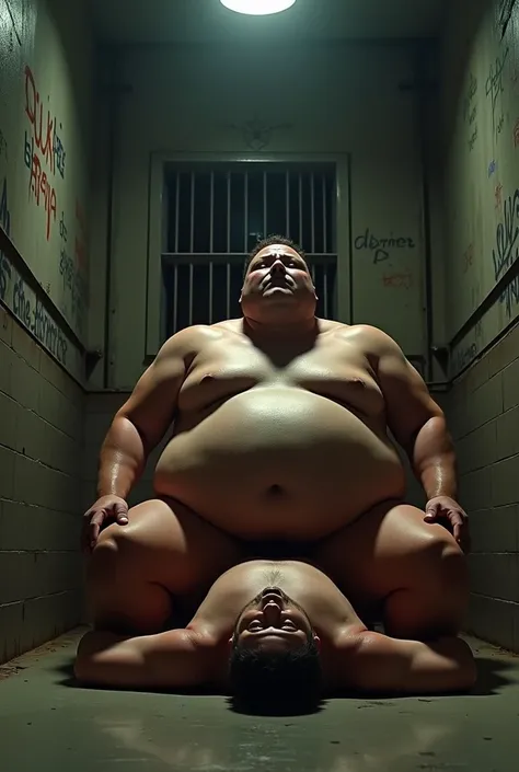 A man crushed by a fat man sitting in prison with his stomach exposed.