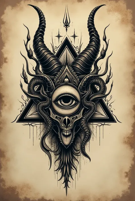 Create an detailed tattoo ,the tattoo was related to illuminati and devil in black , the tattoo was 10 incles
