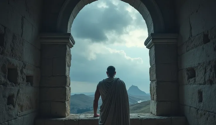 An introspective image of Pilate in a moment of solitude, looking out the window of a fortress. The colors are cold, reflecting your inner anguish.