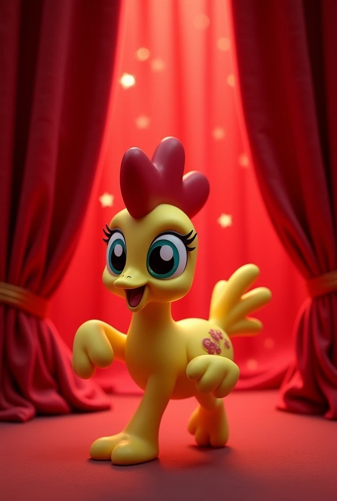 A live-action GIF of Cheese Sandwichs rubber chicken, Boneless, dancing in front of a red curtain from the My Little Pony: Friendship is Magic episode "Pinkie Pride"