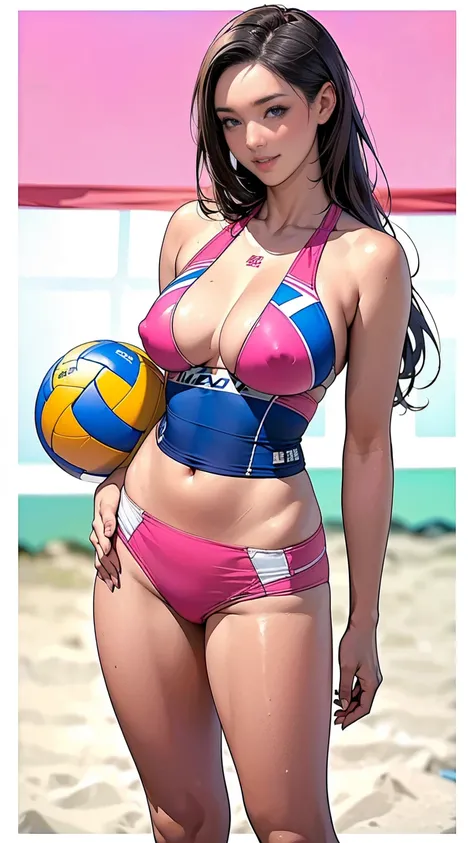 Inside the beach court, (Two Women),(Two beach volleyball players standing side by side:1.5),(Same beach volleyball team:1.5),(Pink beach volleyball high leg bikini:1.3),(Wearing the same thing:1.5),tight:1.5, (Long Hair:1.3), I slicked my hair back.:1.5,r...