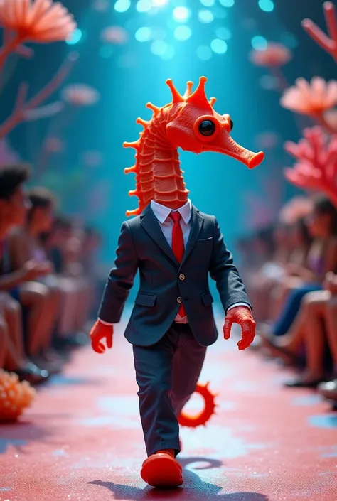 Cute baby Red sea horse with funny giant head wearing muscular business suit in realistic full body fashion show