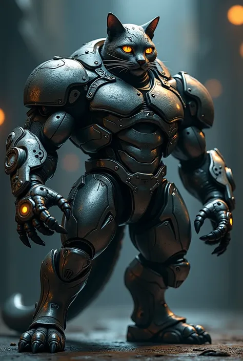 a hulk buster cat, muscular cat in a futuristic armored suit, detailed metal plating, glowing eyes, claws, fierce expression, dramatic lighting, cinematic composition, digital art, concept art, 8k, photorealistic, intricate details, hyper realistic