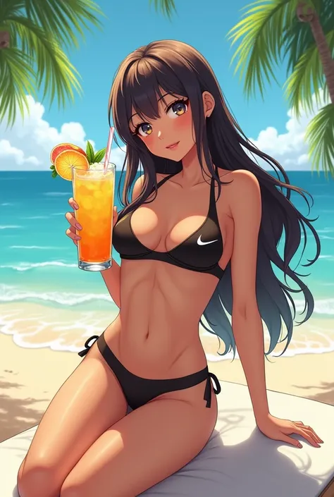 (photorealism:1.2), beautiful woman, wearing Nike bikini and drinking juice in anime hentai 

