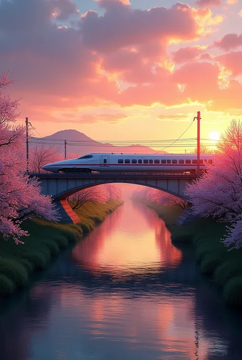 Shinkansen on the bridge, levee, river